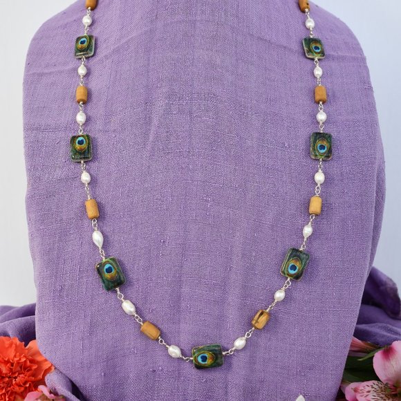 34  3/4" natural Tulasi with pearl (Gemstone for the Moon) and peacock beads - Picture 1 of 7
